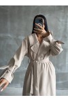 Kadın Bej Astarlı Geniş Yaka Düz Oversize Trençkot