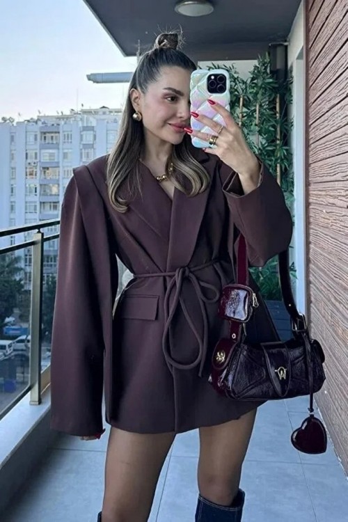 Tasarım Bağlama Detay Ceket Kahve