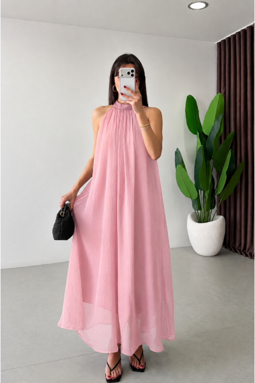 Halter yaka dantel detaylı maxi elbise