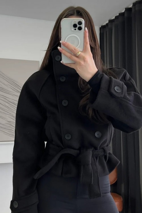 Dik Yaka Kuşaklı Kaşe Ceket