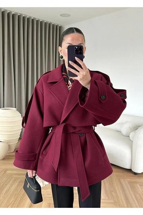 Kadın Yeni Sezon Kuşaklı Kaşe Kısa Kaban - Bordo